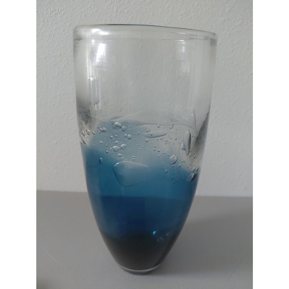 Ombre Blue Thick Glass Vase Mid Stripe Extended Bubbles Ocean Artistic Large MCM - Picture 4 of 11
